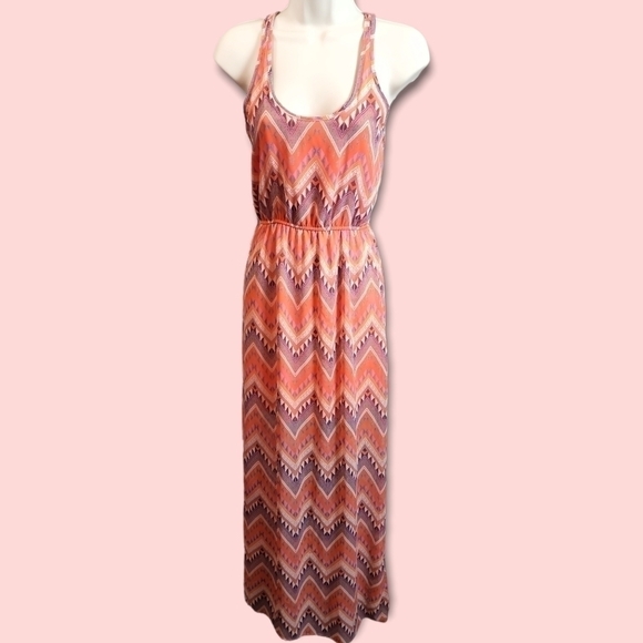 Boho Aztec Print Flowy Lightweight Cinched Waist Racerback Tank Maxi Dress Small - Picture 1 of 4